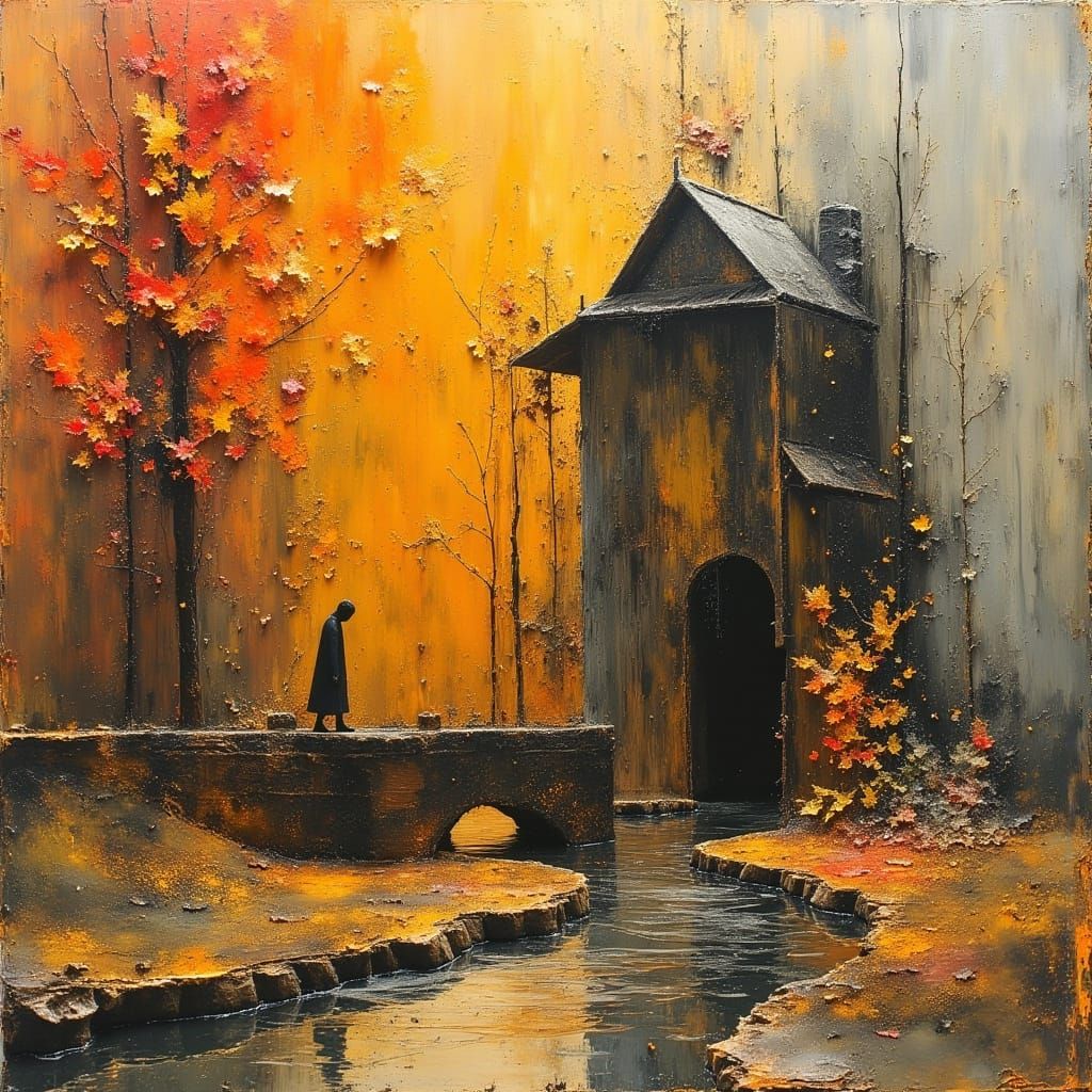 Autumn Watermill in Matchbox, Figurative Abstraction Style