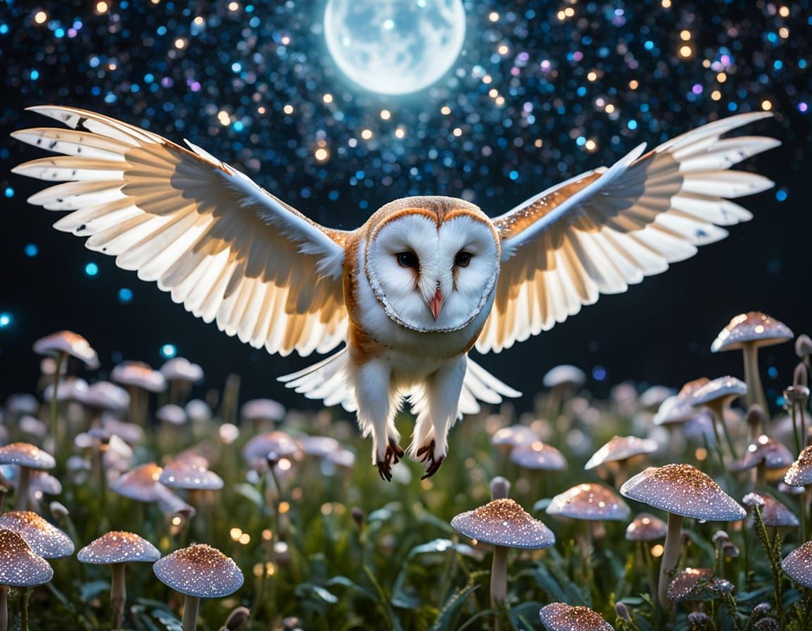 Iridescent Barn Owl Flight Through Bioluminescent Meadow