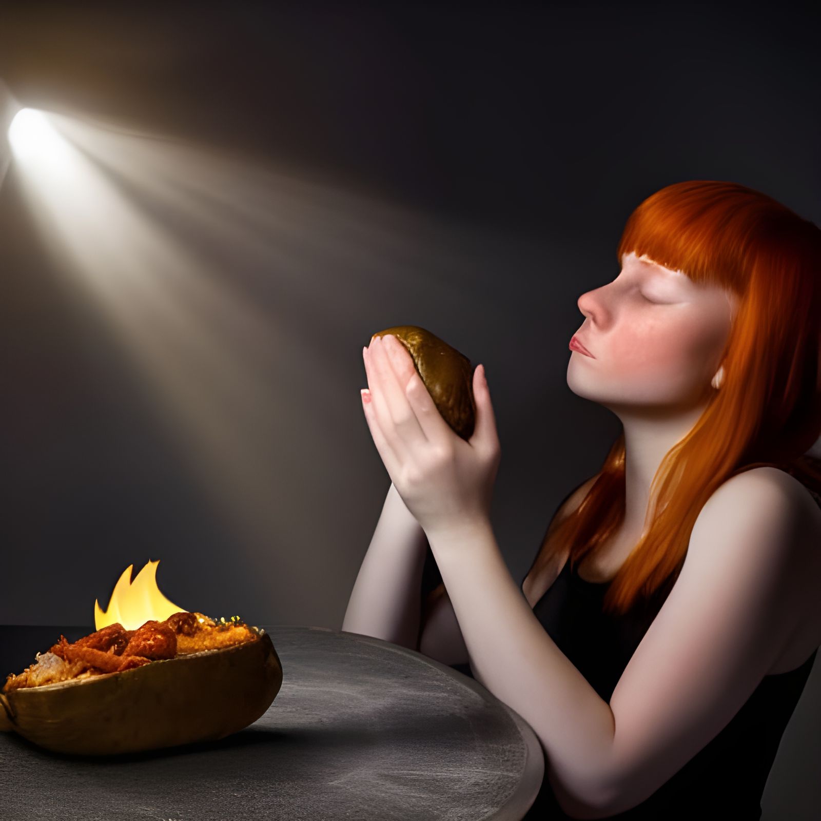 Redhead Girl Praying to Evil Baked Potato