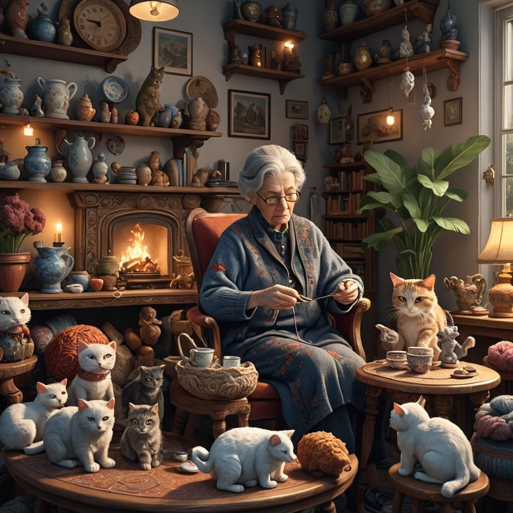 Cozy Home Scene: Elder Woman Knitting