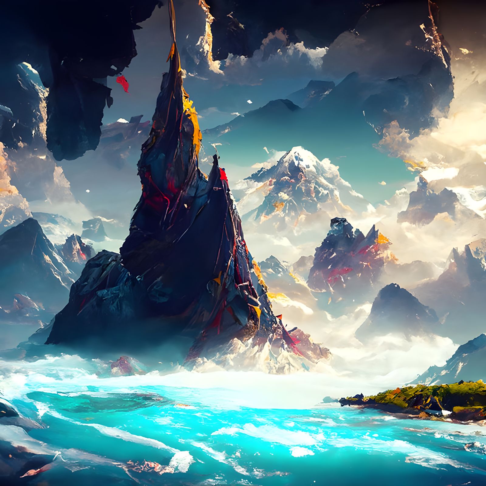 Hyperrealistic Mountain Range Above Calm Sea