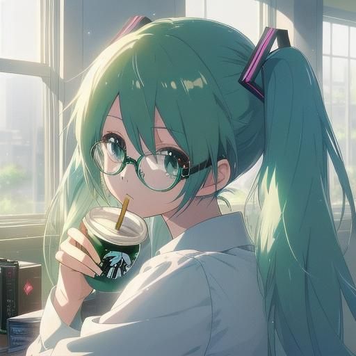 Hatsune Miku in Office with Starbucks: Anime Style