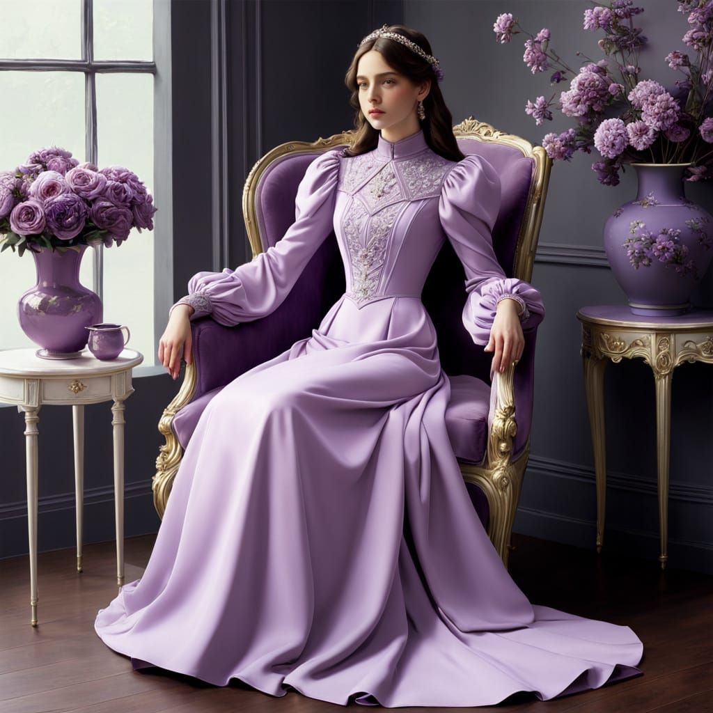 A Woman's Elegant Mauve Attire in a Whimsical Setting