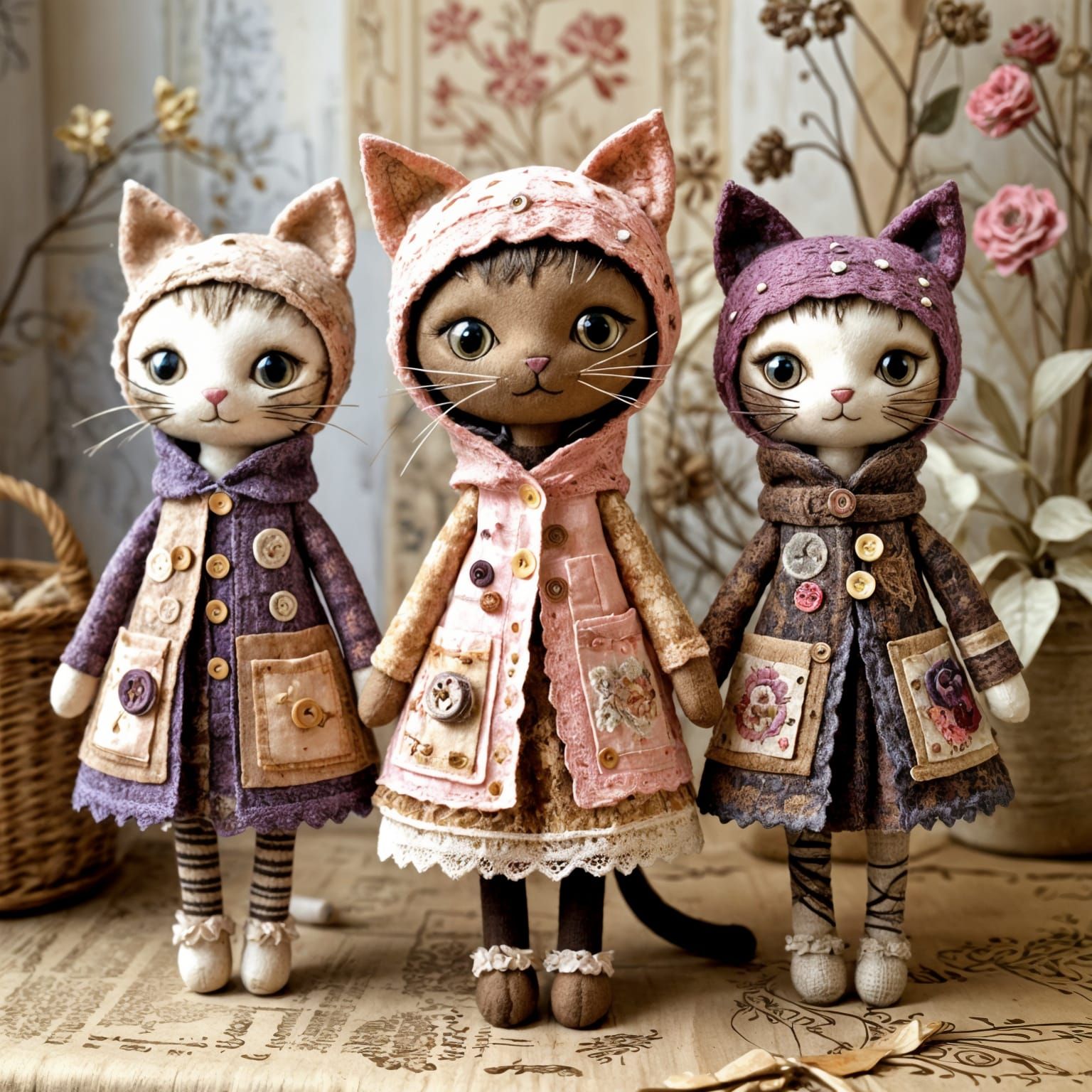 Whimsical Patchwork Cat Dolls in Folk-Art Cottage Scene