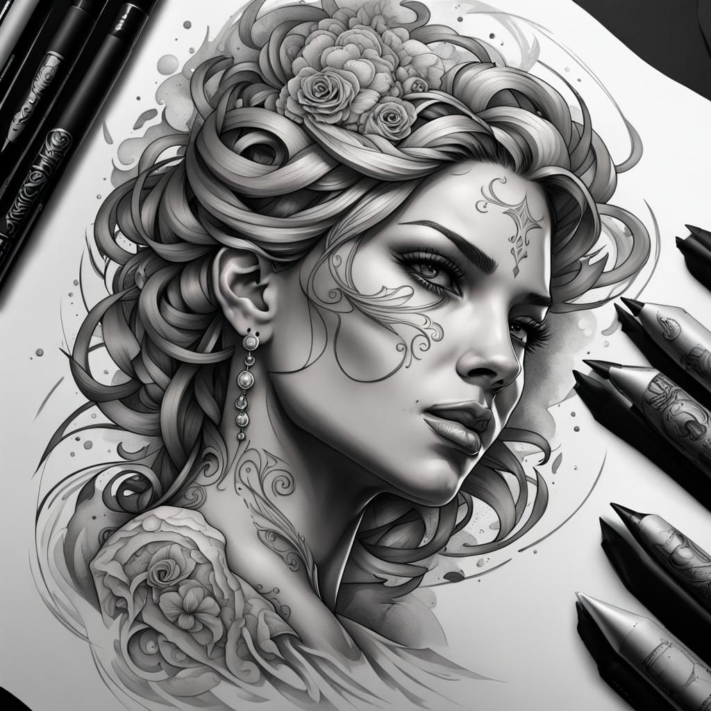 Detailed Black and White Tattoo Design Concept
