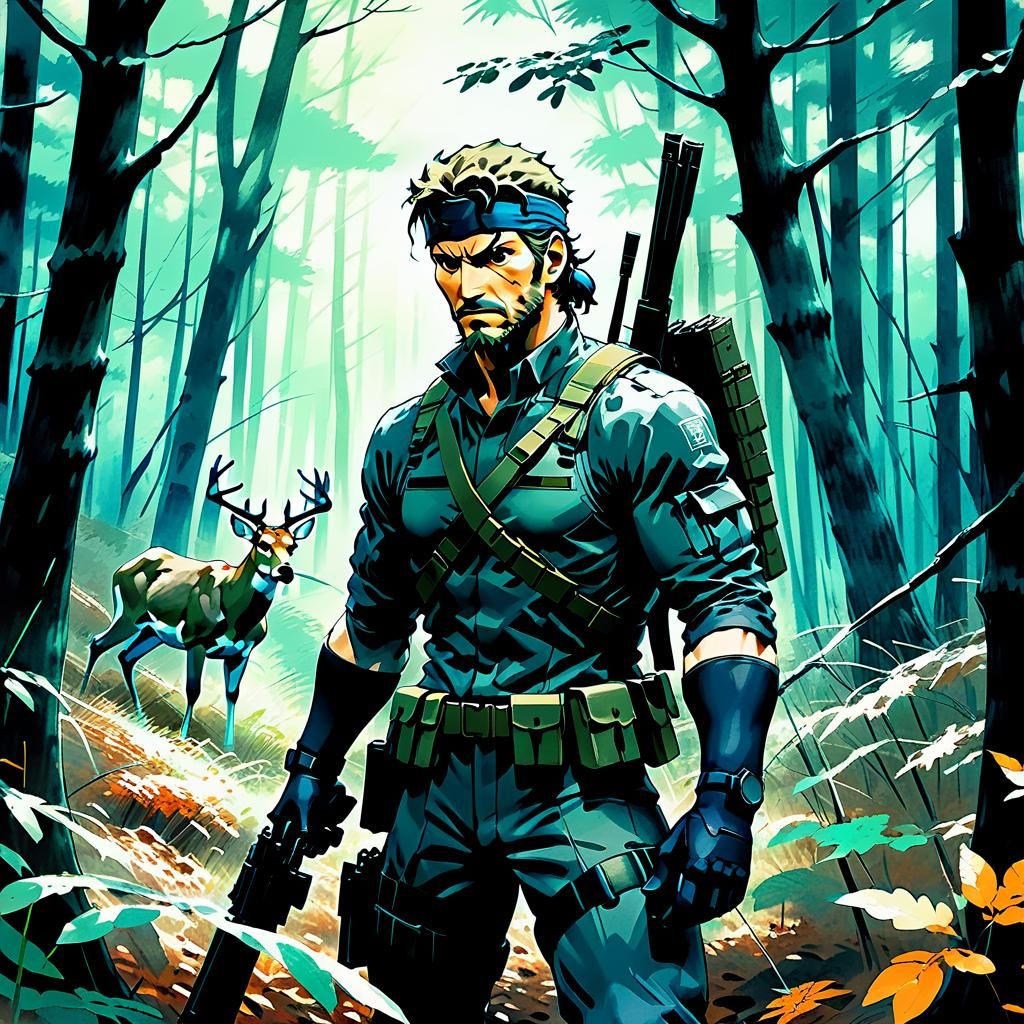 Soldier Hunts Buck in Forest, Manga Illustration