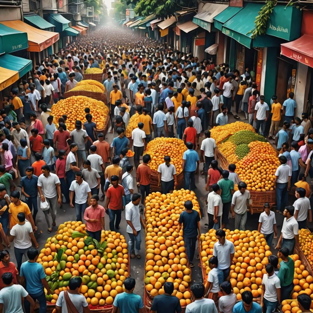 Hyperrealistic Mango Sale in Crowded City