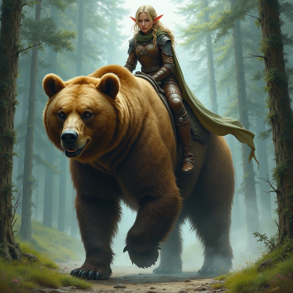 Elf on Grizzly Bear in Misty Forest