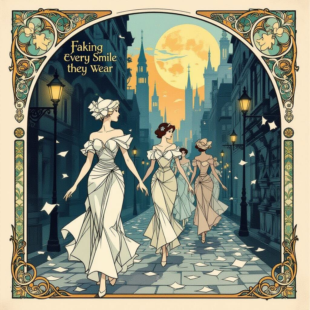 Art Nouveau Paper People in Dreamlike Cityscape