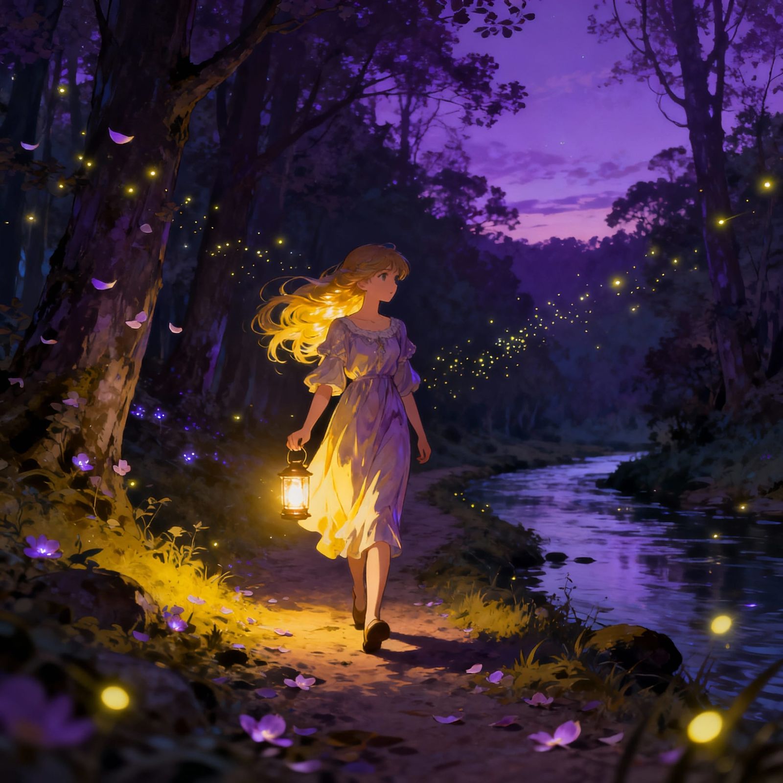 Anime Girl with Lantern on Magical Twilight Forest Path