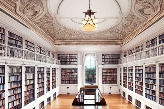 Renaissance Library Interior with Detailed Lamp Globe