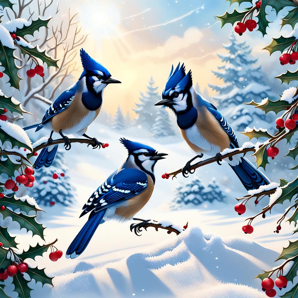 Blue Jays Play in Snowy Winter Landscape