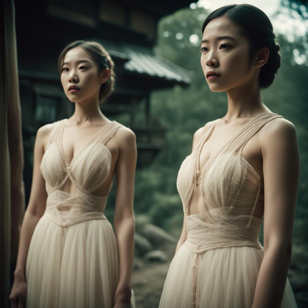 Japanese Sisters in Sheer Cream Dresses: Cinematic Still