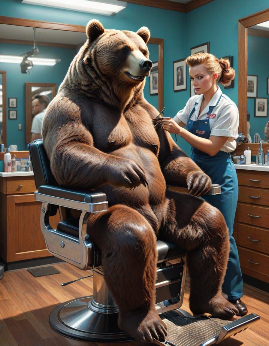 Surreal Grizzly Bear in Barber's Chair Scene in Hyperrealist...