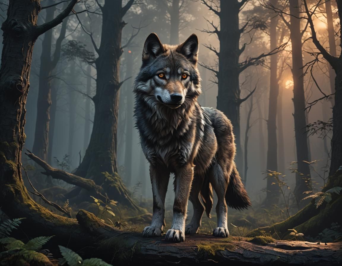 Wolf Gazing into Dark Forest: Detailed Matte Painting