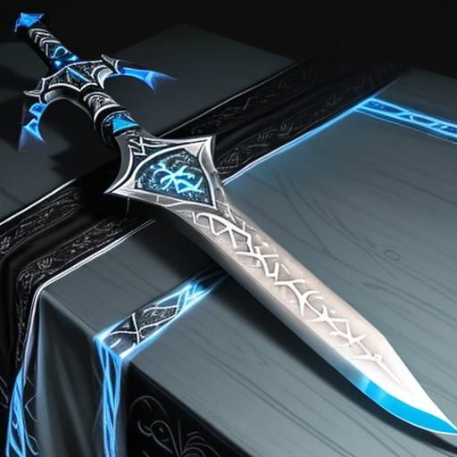 Dark Steel Sword with Blue Runes on Altar