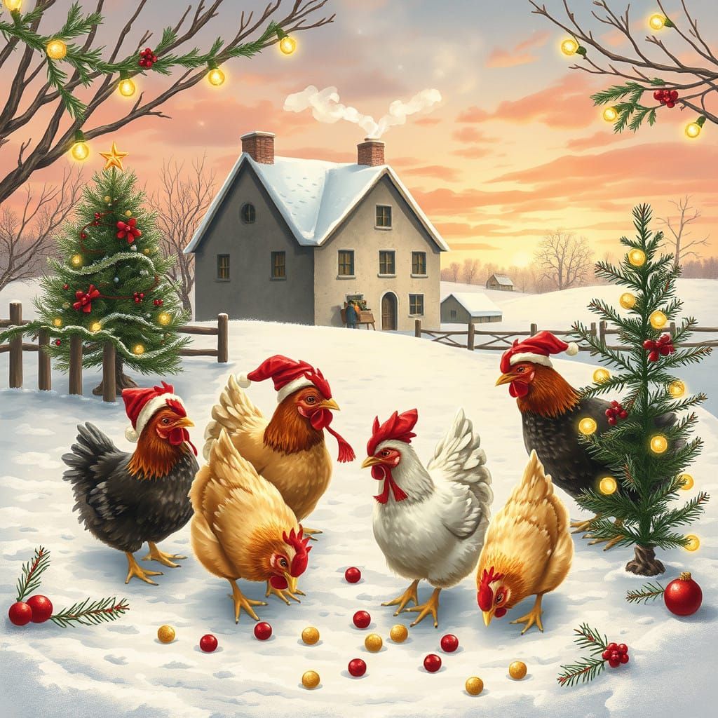 Chickens Celebrate Whimsical Winter Wonderland Christmas