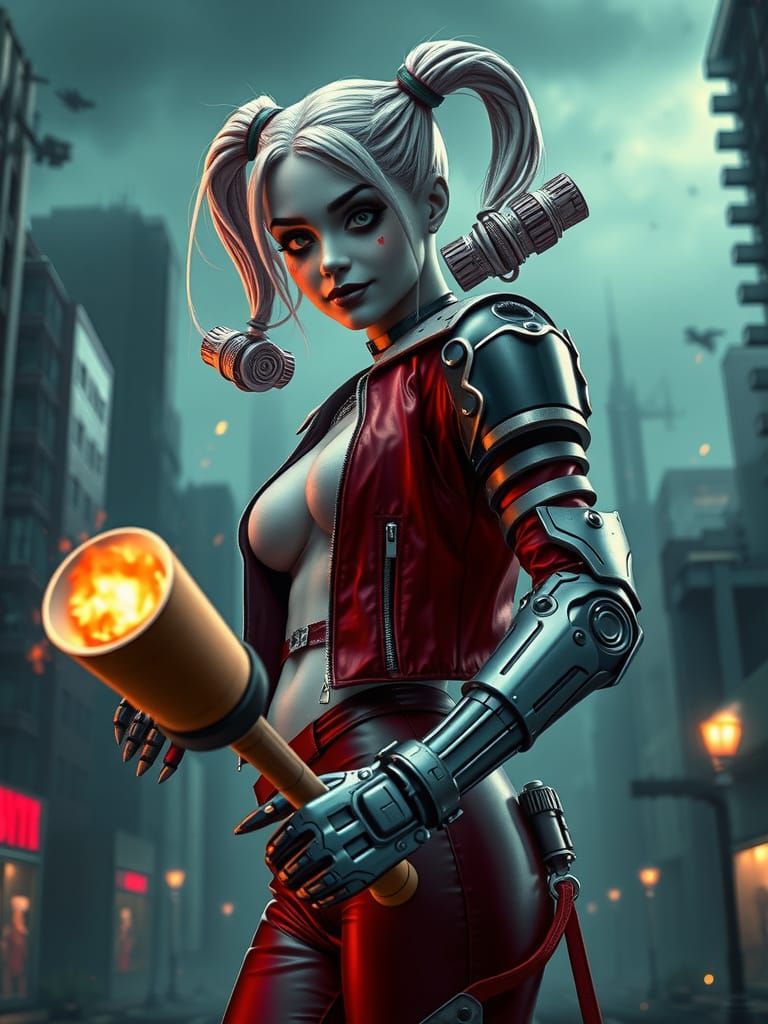 Cyberpunk Harley Quinn in Dystopian Gotham