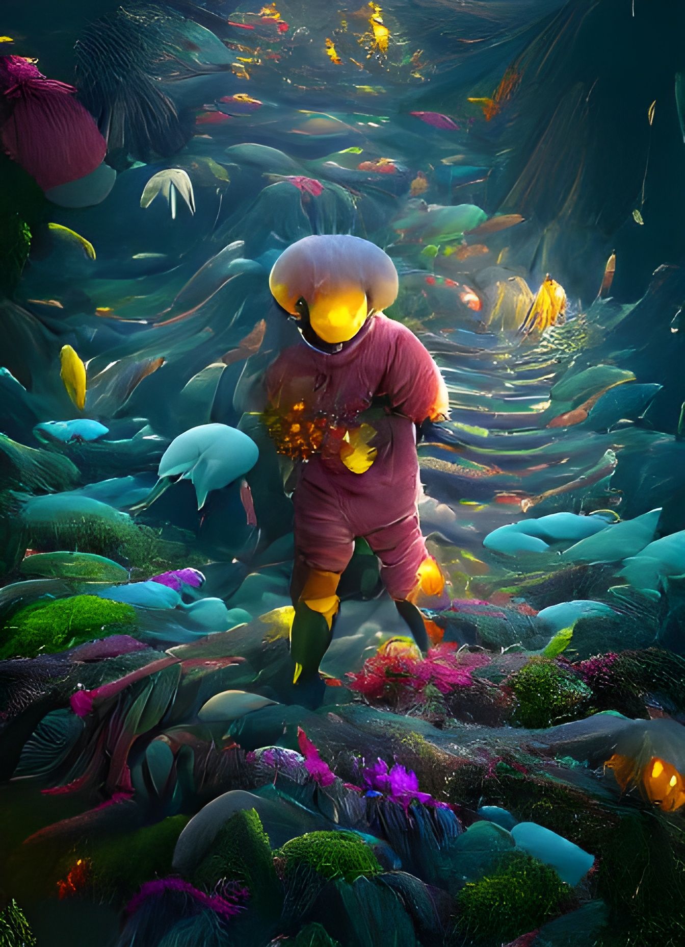 Deepsea Diver Among Colorful Coral Reefs