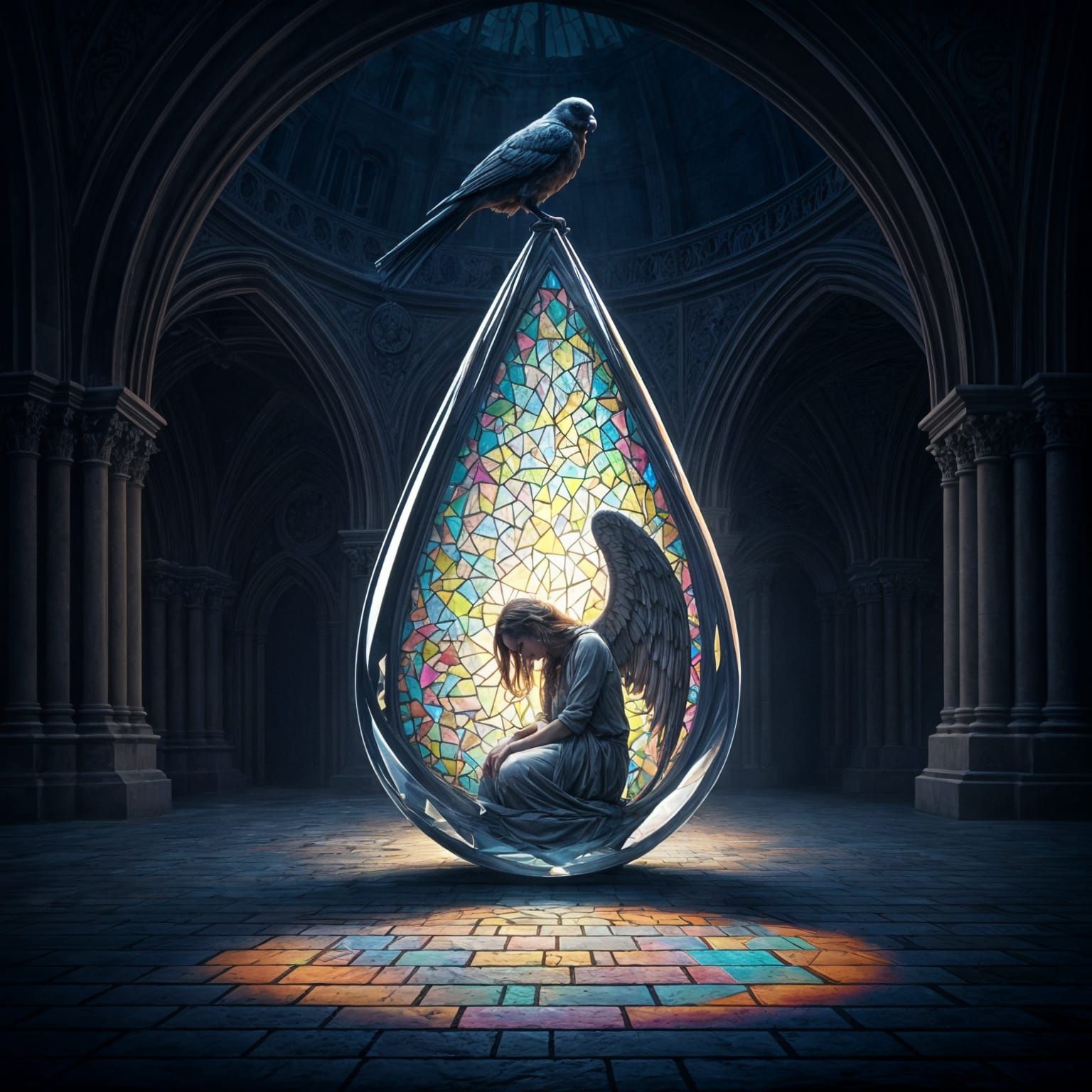 Bird with Prism Reveals Angel in Stained Glass