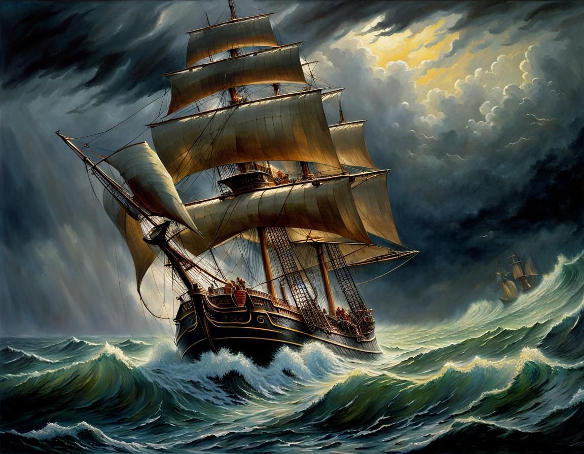 Pirate Ship in a Violent Storm: Oil Painting