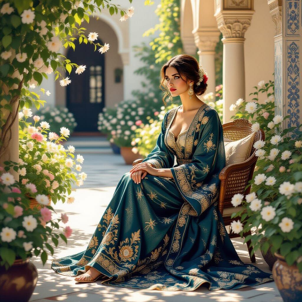 Ottoman Lady in Silk Courtyard in Vermeer Style