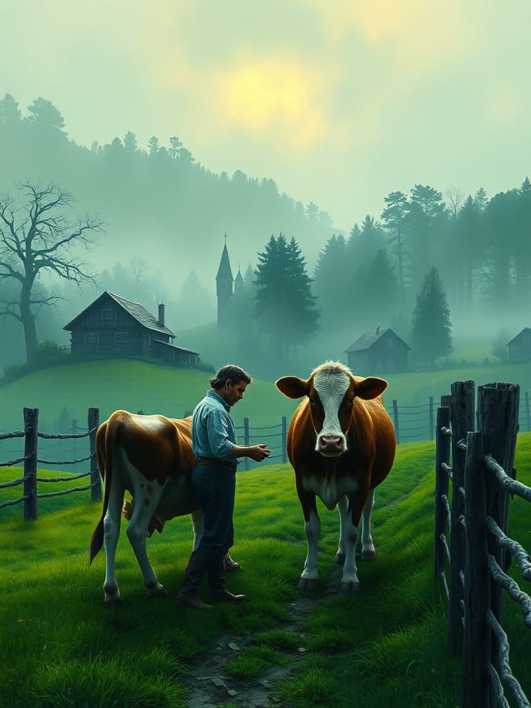 Serene Victorian-Style Dairy Farm at Misty Dawn