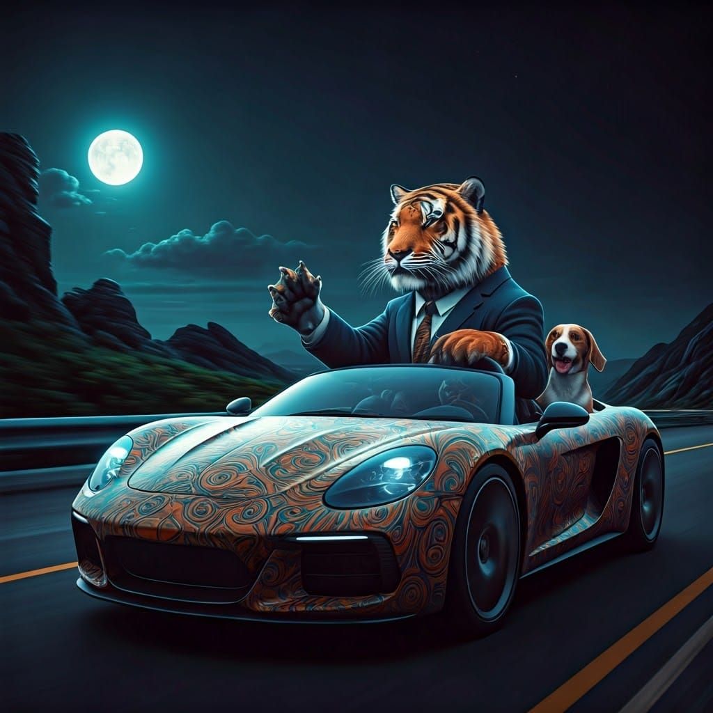 Tiger Driving Car with Dogs, Fantastical Matte Painting