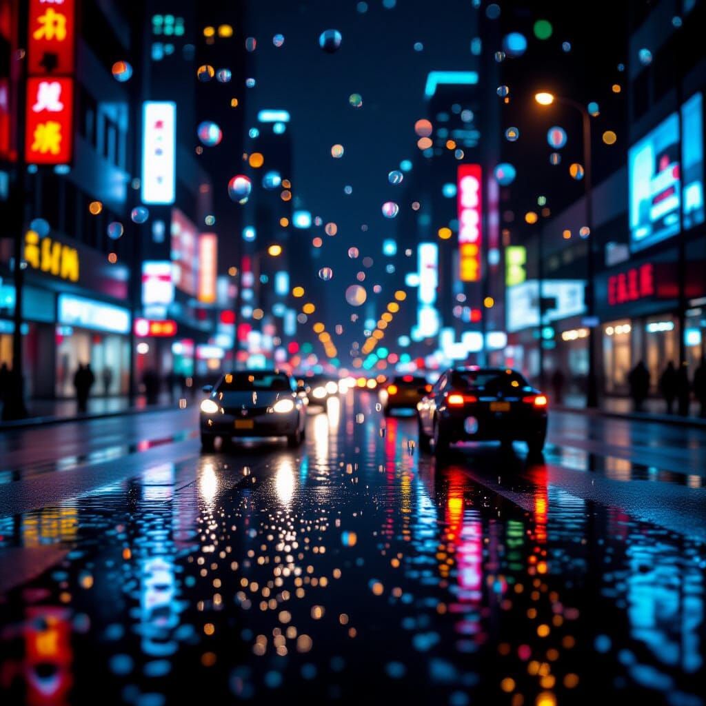 Cinematic POV Through Raindrops at Night City