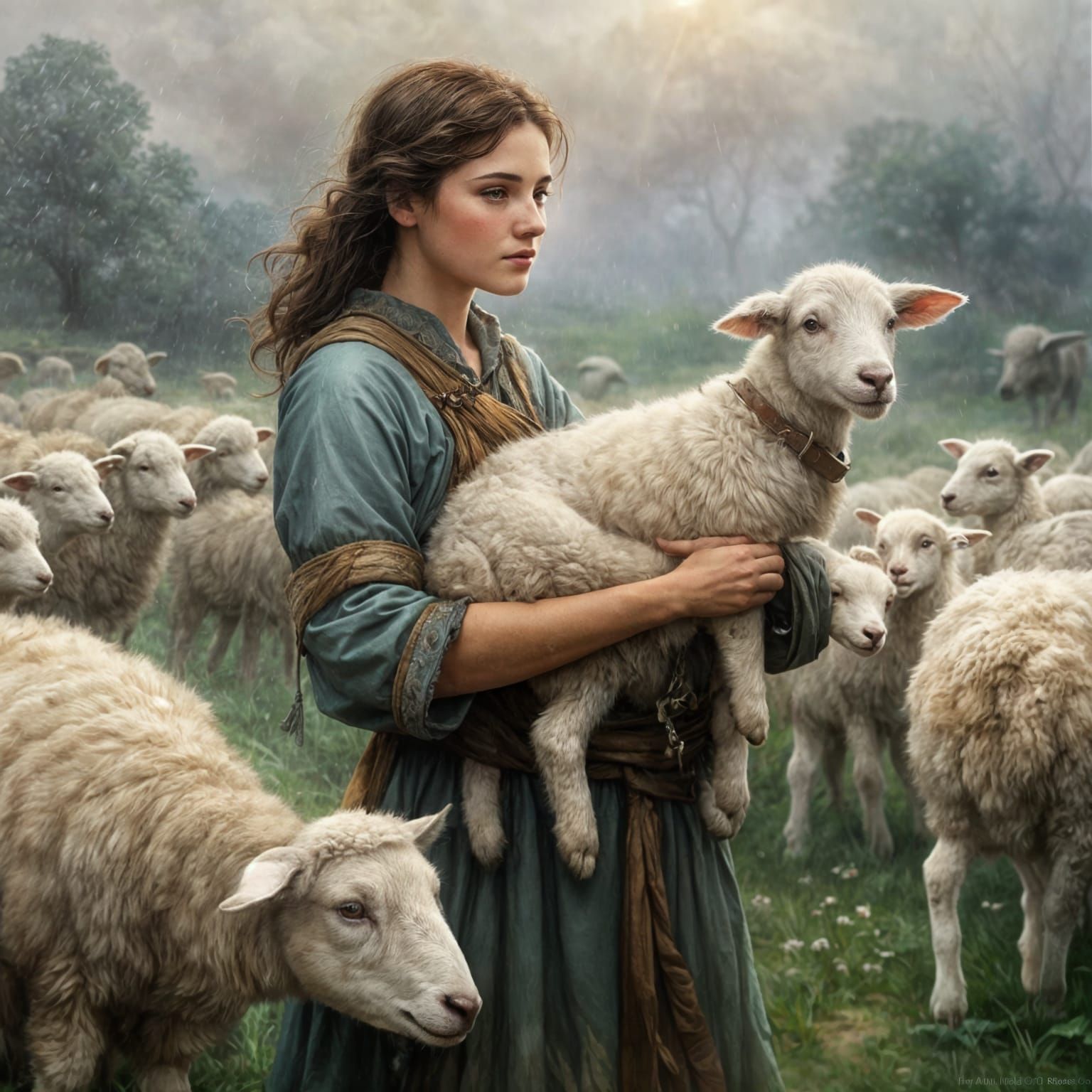 A shepherd out in the rain holding a baby lamb