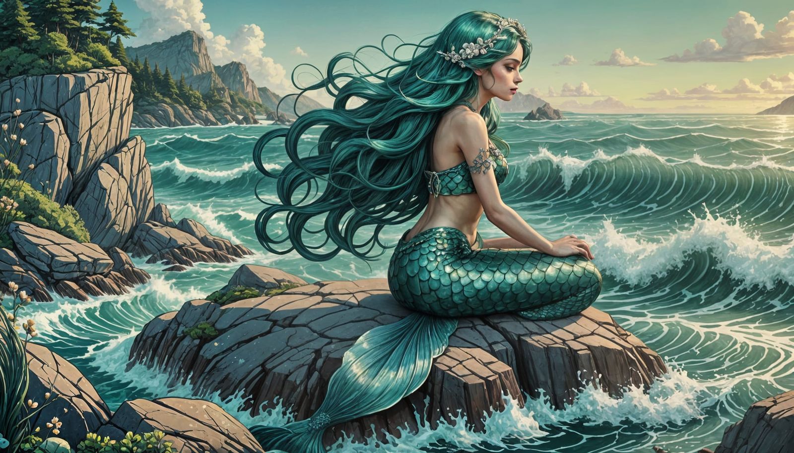 Whimsical Mermaid on Rock Outcrop in Wide Ocean