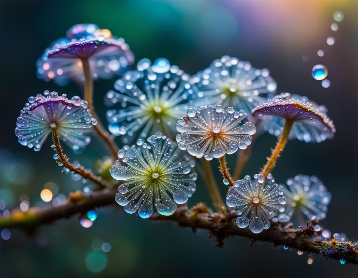 Iridescent Rainbow Flowers and Mushrooms in Dreamy Landscape