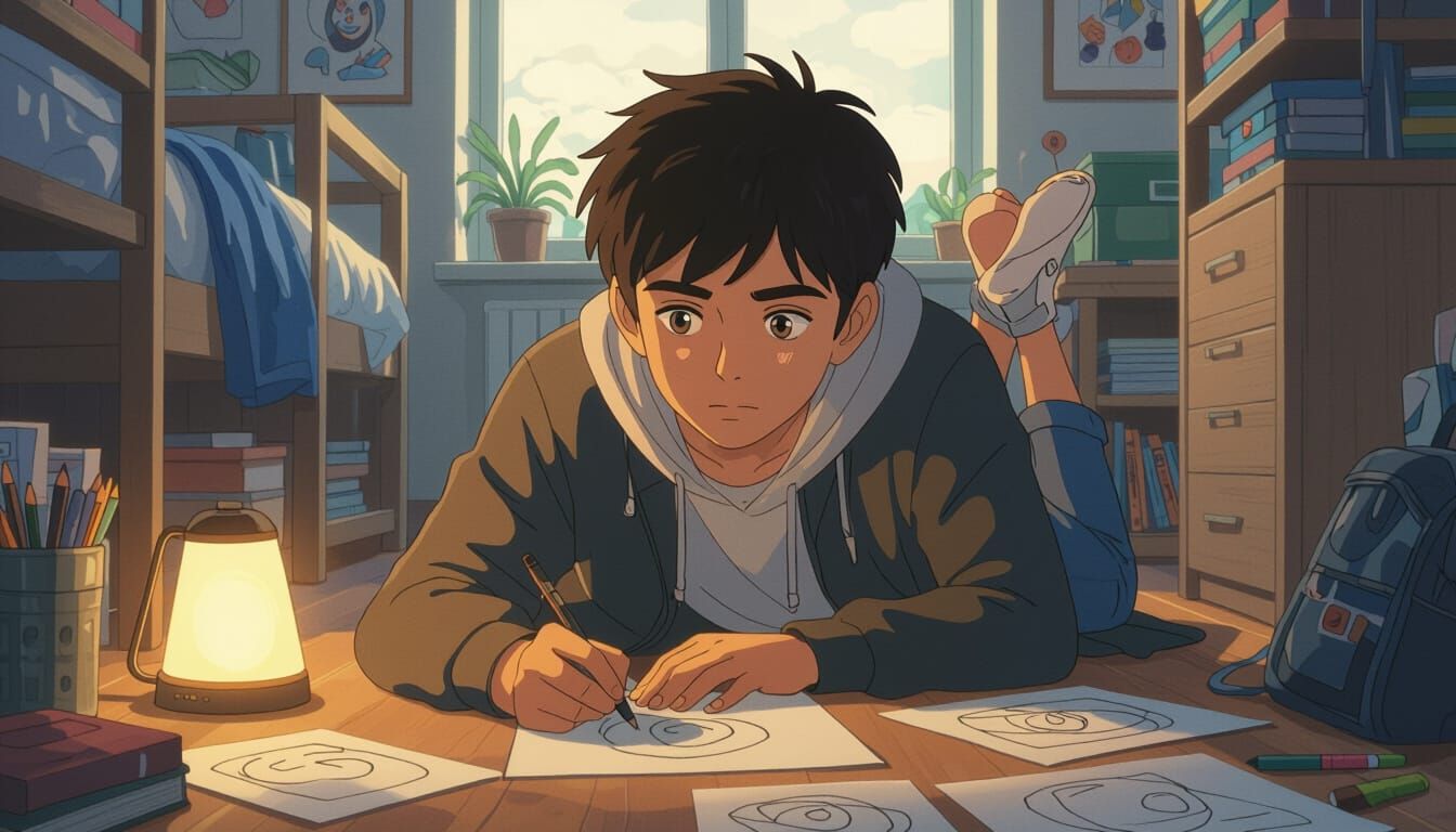Indian Teenager Drawing in Dorm Room - Anime Style
