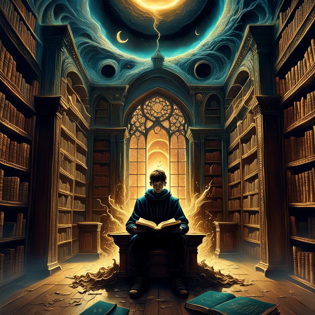 Fantasy Emerges from Book in Dreamlike Library