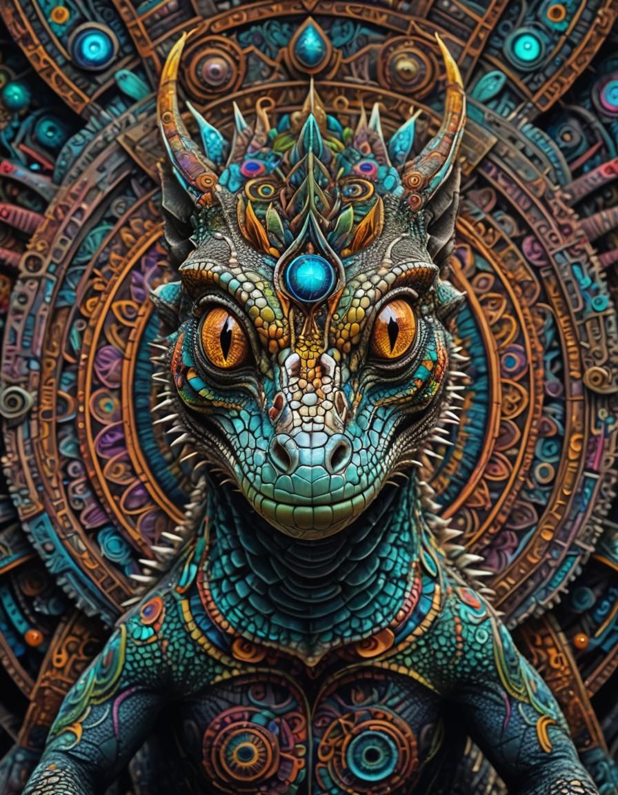 Psychedelic Neon-Eyed Lizard with Mandalas, Hyperrealistic