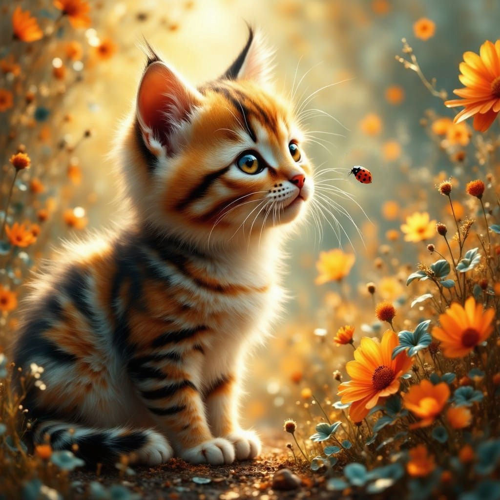Whimsical Kitten Meets Ladybug in Vibrant Fantasy Garden