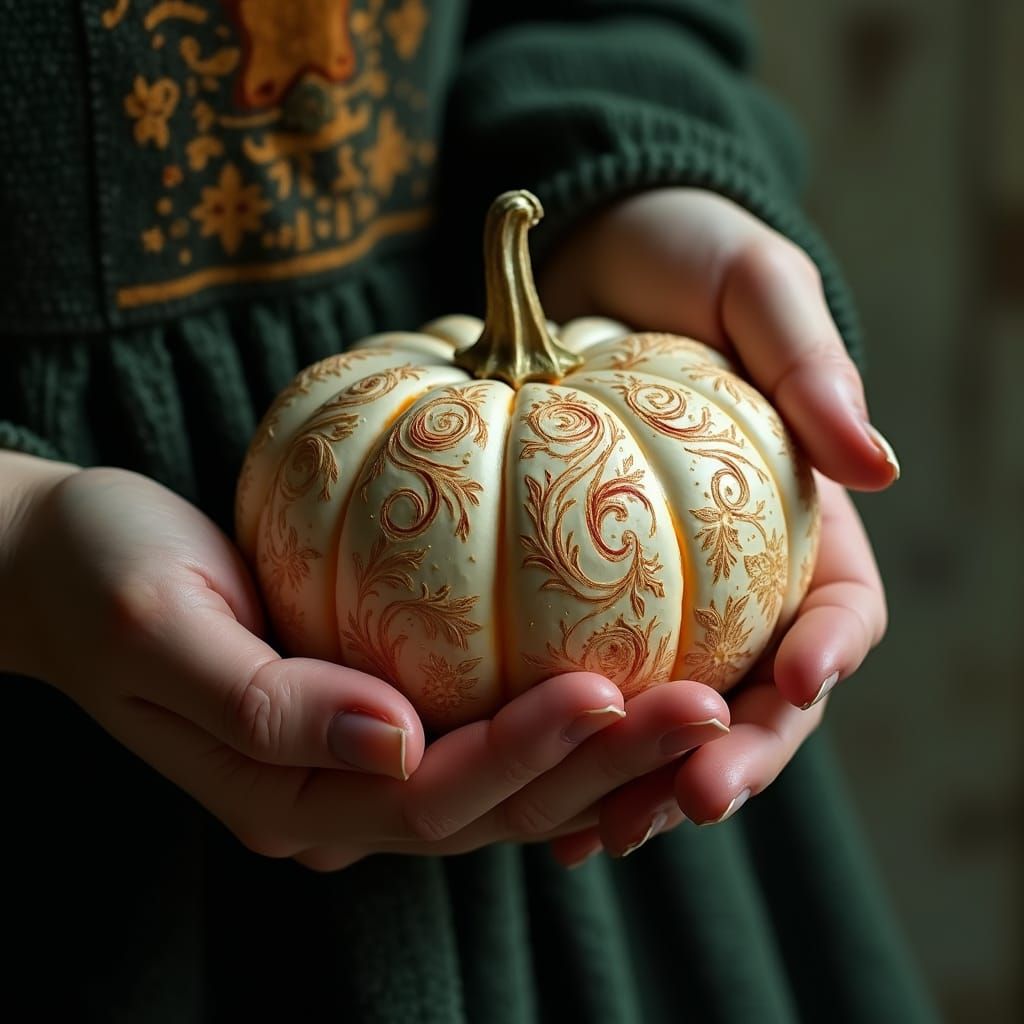 Ornate Autumn Pumpkin Held in Hand: Folk Art Style