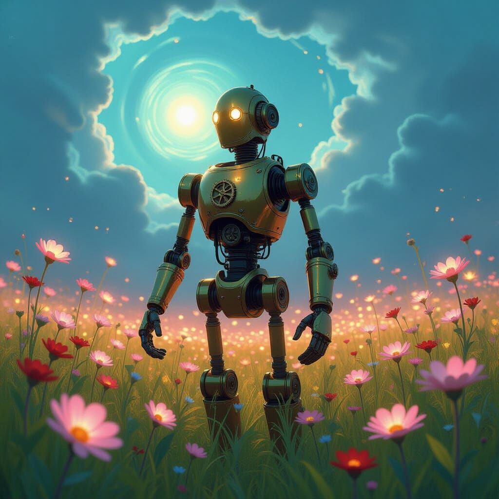 Brass Automaton in Bioluminescent Field Under Nebula