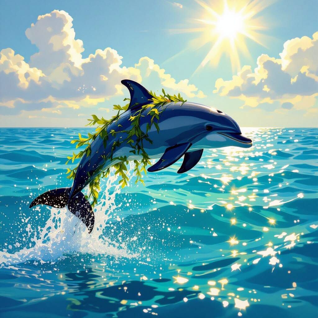 Dolphin Leaps From Water With Seaweed Tail in Sunny Day