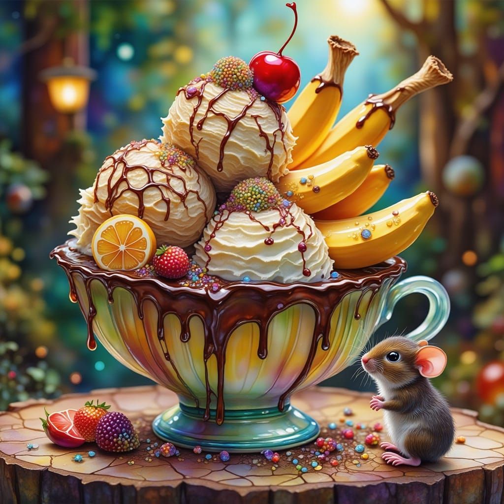 Decadent Ice Cream Sundae with Mouse, Airbrush Art