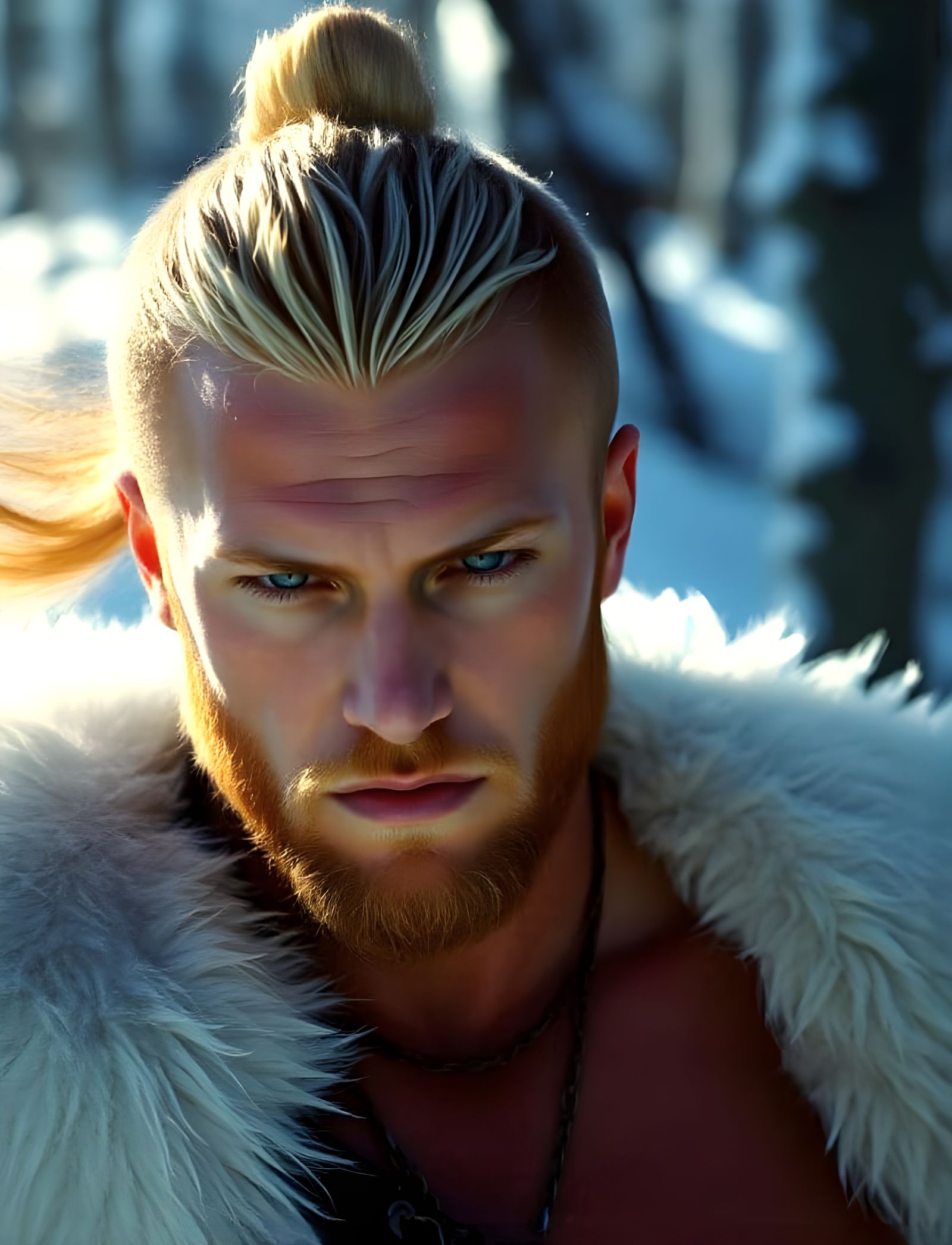 Blond Berserker in Snowy Landscape: Cinematic Film Still
