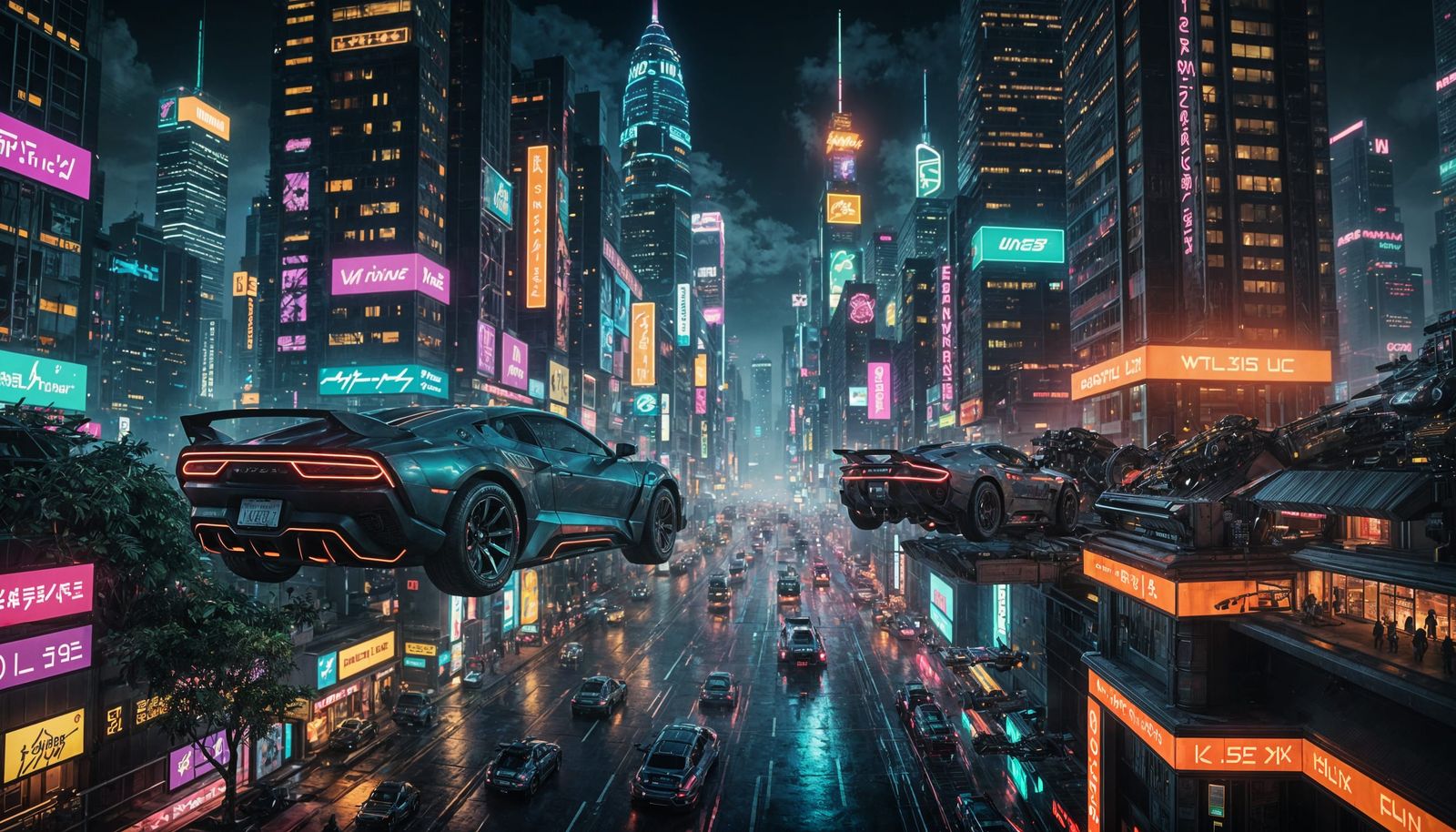Futuristic Night Cityscape with Neon Lights