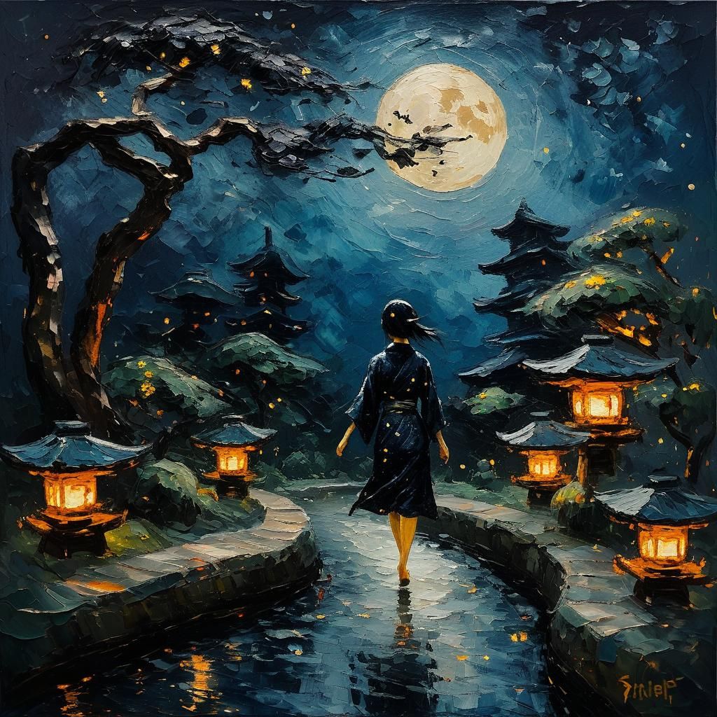 A japanese girl sleepwalking on a japanese garden in moonlig...