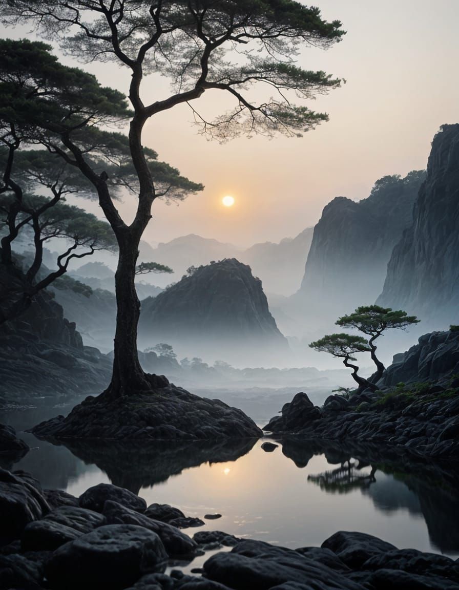 Ethereal Morning with Glowing Heart-Shaped Stone