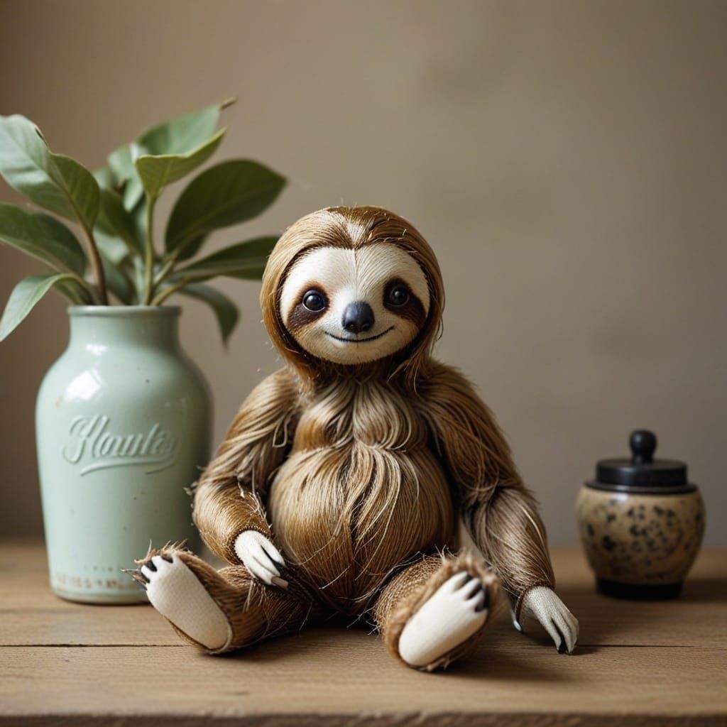 Vintage and Modern Sloth Doll Still Life
