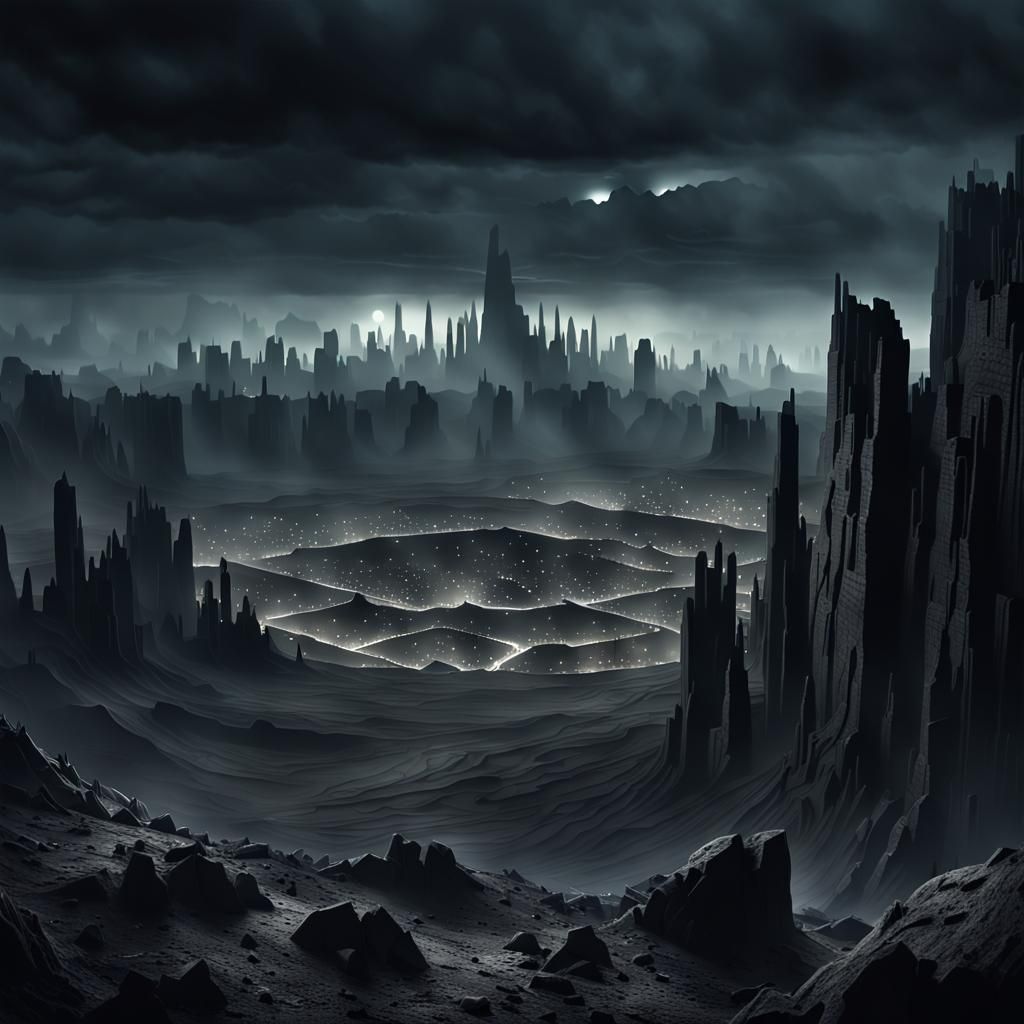 Dystopian Metropolis in a Crater, Beksinski-Inspired Surreal...