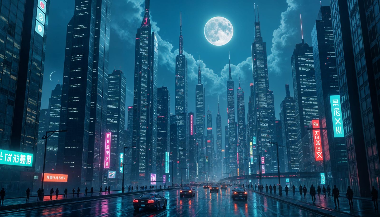 Neon Skyscrapers Dominate Technocratic Cyberpunk Cityscape