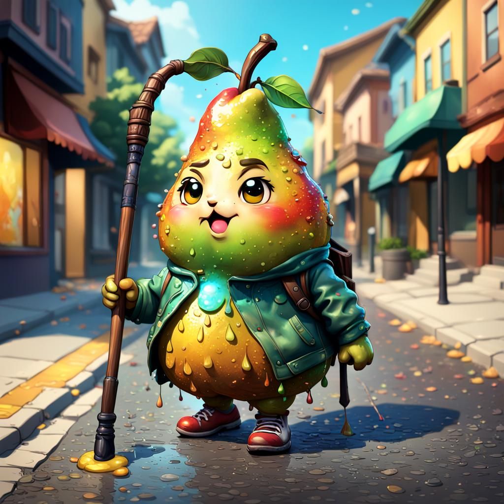 Chibi large pear walking down the street with a walking stic...