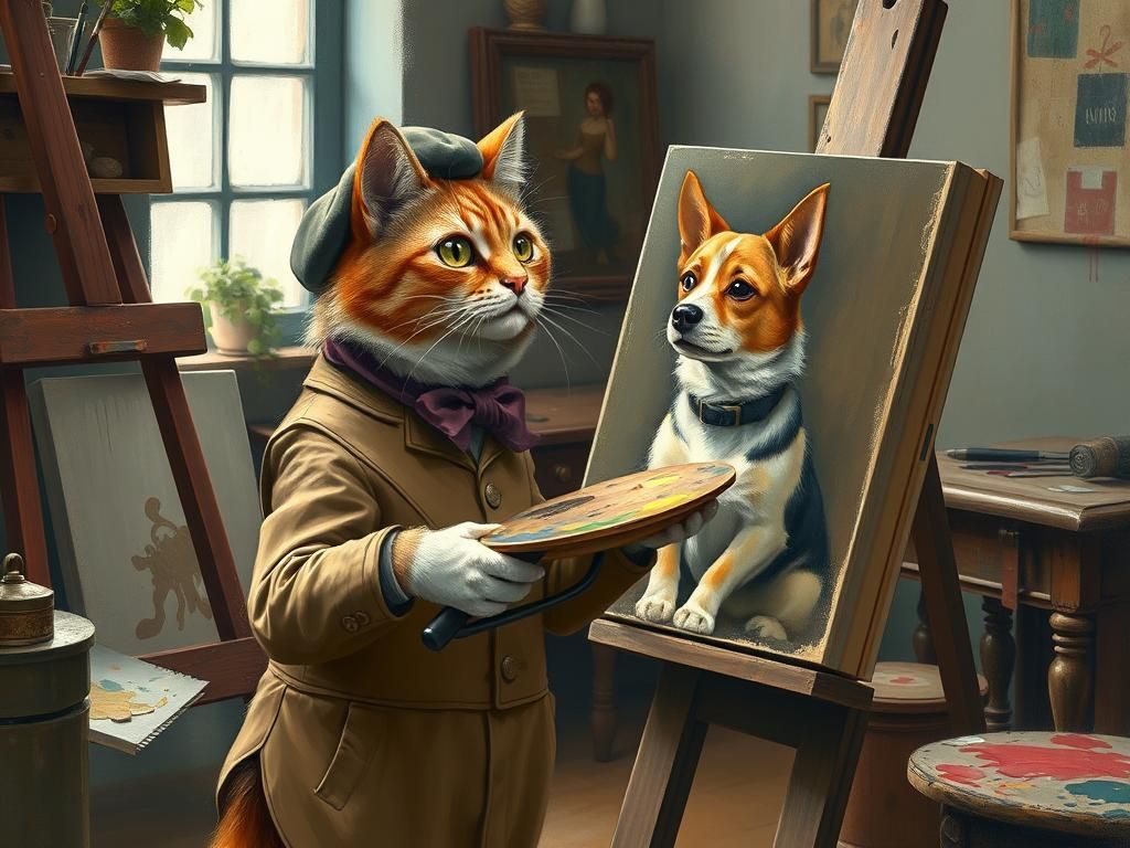 Cat Artist Paints Dog Portrait in Impressionist Style