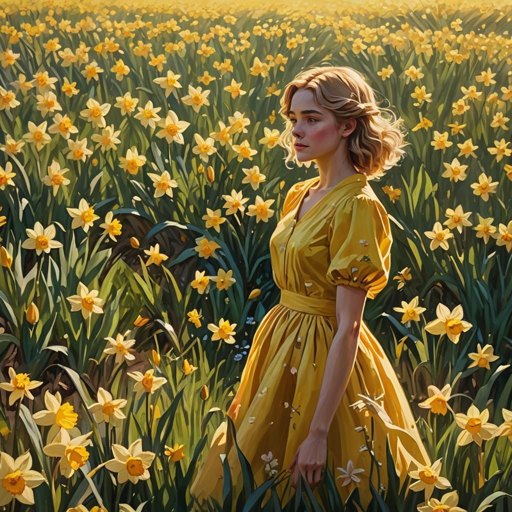 Daffodil Person in Flower Field: Pixar-Style Oil Painting